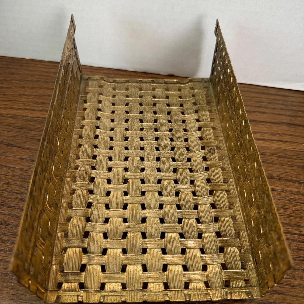 Hollywood Regency Gold Metal Towel Tissue Holder Woven Vanity Bathroom Decor